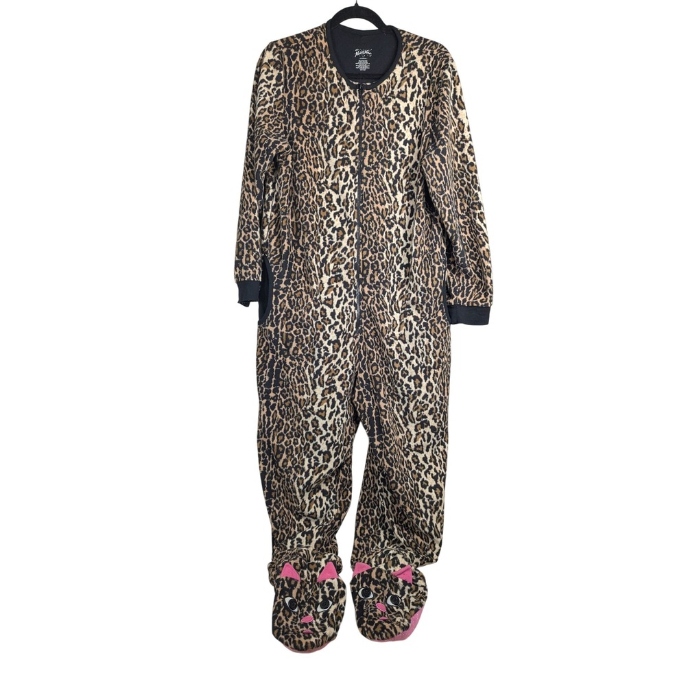 L Nick & Nora Womens Leopard Print Fleece Footed Pajamas Cat Face Union Suit